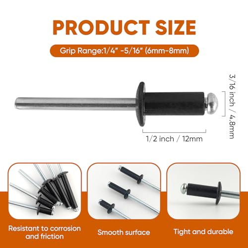 ALLCLEAN 155 Pcs 3/16" x 1/2" Black Aluminum Blind Rivets,4.8 x 12mm Pop Rivets,Aluminum Grip and Steel Mandrel - color: Black, size: 3/16"x1/2"