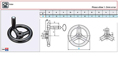 4.9 inch Dia Hand Wheel with Revolving Handle 3 Spoked, 12mm Center Hole Diameter - size: 125mm Dia.