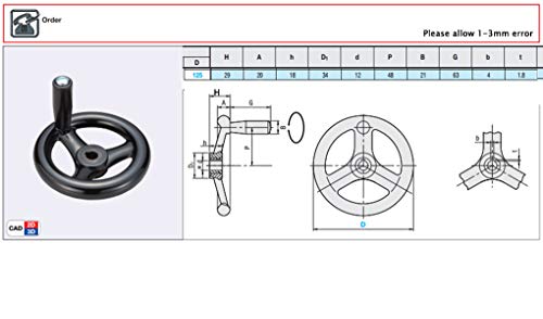 4.9 inch Dia Hand Wheel with Revolving Handle 3 Spoked, 12mm Center Hole Diameter - size: 125mm Dia.