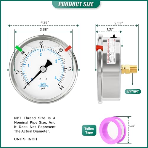 0-60PSI Stainless Steel Liquid Filled Pressure Gauge, 4" Dial Size, 1/4" NPT Back Mount, for Tube, Water Pump, Gas, Liquid, Pressure Test (with Range Mark Pointer) - size: 0-60 psi