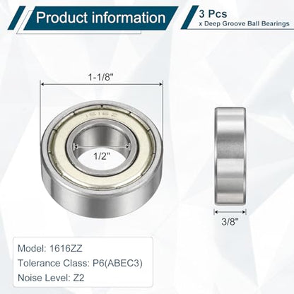 uxcell 1616ZZ Deep Groove Ball Bearing, 3pcs 1/2" x 1-1/8" x 3/8" Hign Carbon Chrome Steel Z2 Double Metal Sealed Bearing (P6) - size: 1616ZZ 1/2" x 1-1/8" x 3/8"