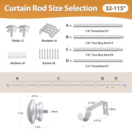 TONIAL Curtain Rods for Windows, 32 to 115 Inch, Silver, Single Drapery Rod - color: Silver, size: 32-115"