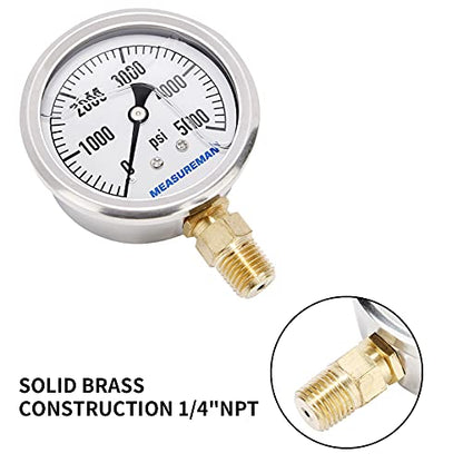 MEASUREMAN 2-1/2inch Dial Size, Glycerin Filled Plumbing Pressure Gauge, 0-5000psi, Stainless Steel Case, 1/4inchNPT Lower Mount - size: 0-5000 psi, style: Lower Mount