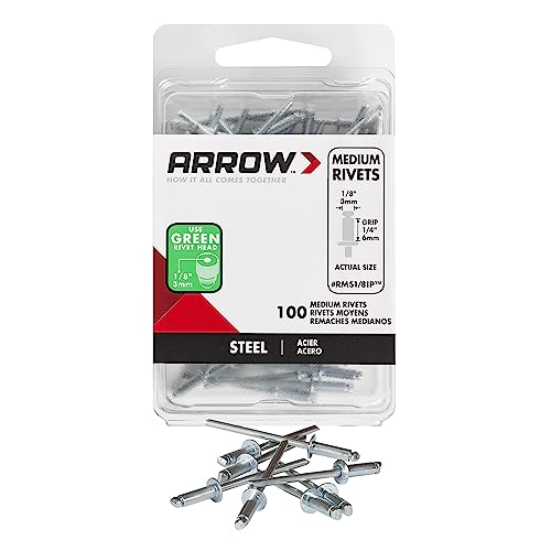 Arrow RMS1/8IP Medium Steel 1/8-Inch Pop Rivets for Metal, Fabric, Leather, and Auto Repair, 100-Pack
