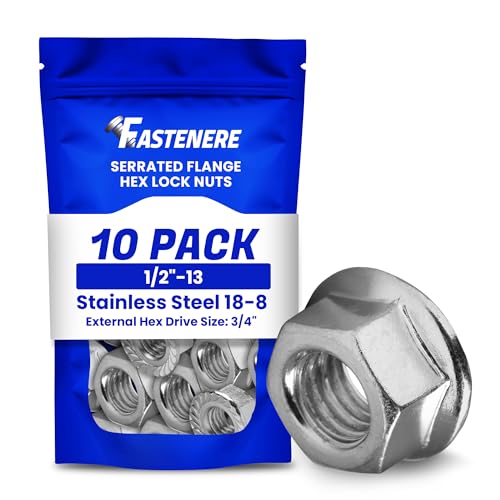 Fastenere Serrated Flange Nuts – 1/2"-13 (10-Pack), Durable Stainless Steel 18-8 Hex Lock Hardware Nuts, Corrosion-Resistant, Coarse Plain Finish for Home, Automotive & Industrial Use - size: 1/2-13 (10 Pack)