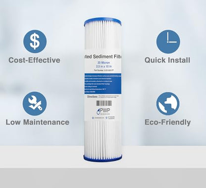 Pleated Poly Sediment Water Filter Cartridge 10x2.5" 20 Micron 25 Pack