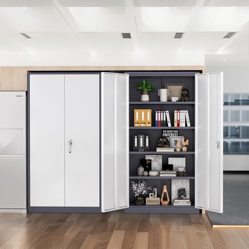 Greenvelly 72" H Metal Garage Storage Cabinet with 2 Doors and 4 Adjustable Shelves, White Grey Metal Cabinet with Lock for Office,Home, Garage, Gym, School - color: White Grey, size: 18"D x 36"W x 72"H