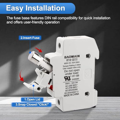 BAOMAIN 5-Pack 1P 690V DIN Rail Fuse Holder for 10x38mm Fuse,UL Recognized