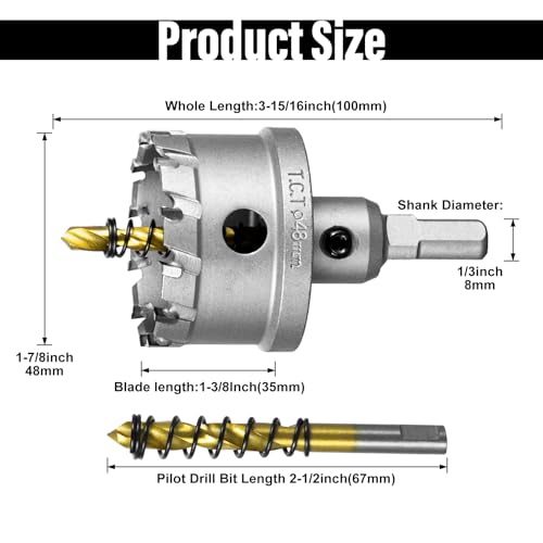 SALI 1-7/8" (48mm) TCT Hole Saw Kit Tungsten Carbide Tipped Hole Saw Drill Bit with Titanium-Plated Pilot Drill bit for Metal, Stainless Steel, Iron, Wood, Plastic - size: 1-7/8"