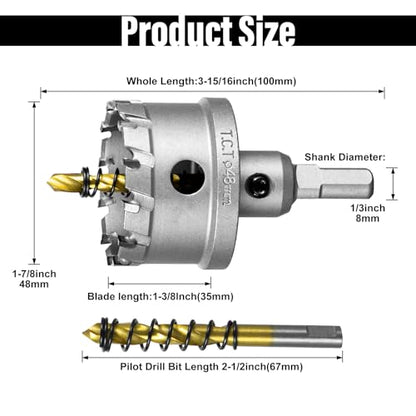 SALI 1-7/8" (48mm) TCT Hole Saw Kit Tungsten Carbide Tipped Hole Saw Drill Bit with Titanium-Plated Pilot Drill bit for Metal, Stainless Steel, Iron, Wood, Plastic - size: 1-7/8"
