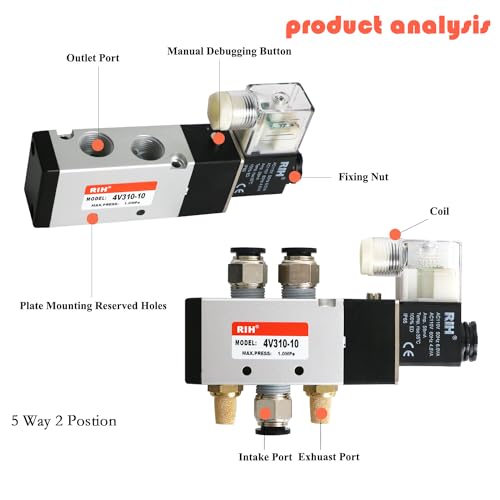 RIH Pneumatics Solenoid Valve 3/8"NPT AC110V Single Coil Pilot-Operated Electric 5Way2Position 4V310 WithJunctionBox (AC110V JunctionBox, 3/8‘’) - style: AC110V JunctionBox