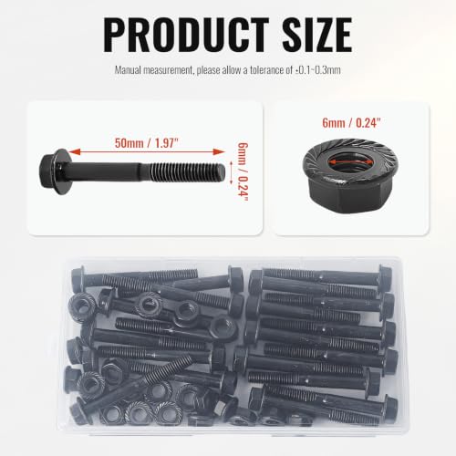 Minho M6-1.0 x 50mm Flange Head Bolts in Carbon Steel Material,Flange Hexagon Screws Come with Flange Nuts,Black Oxide Finish Plated,Partial Thread, 20 Sets - size: M6-1*50