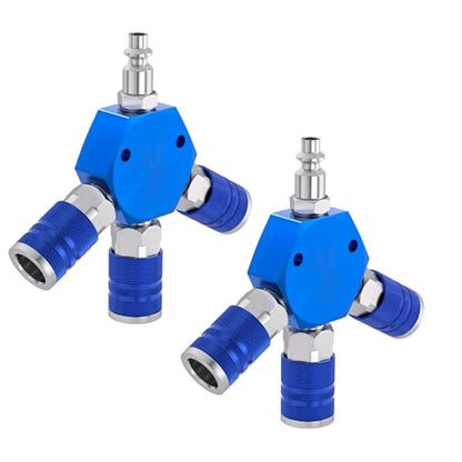GASHER 1/4 Inch NPT Aluminum Hex Style 3-Way Air Manifold with 3 Pieces Steel Industrial Coupler and Plug, Air Compressor manifold Hose Accessories Quick Connect Fittings Air Splitter(2-Pack) - style: BLUE 2PCS