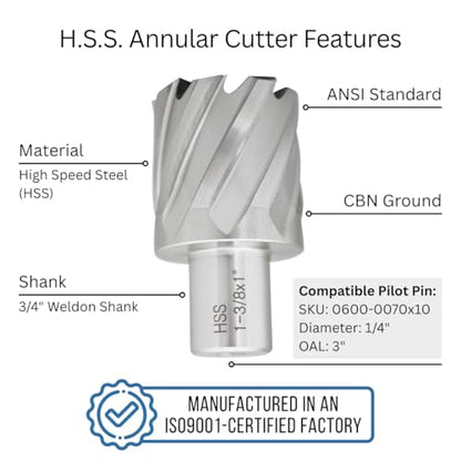 Accusize HSS Annular Cutter 1-3/8 x 1 in Cutting Depth, 3/4" Weldon Shank - size: Dia of Cut: 1-3/8 in., 3/4 in. Weldon Shank