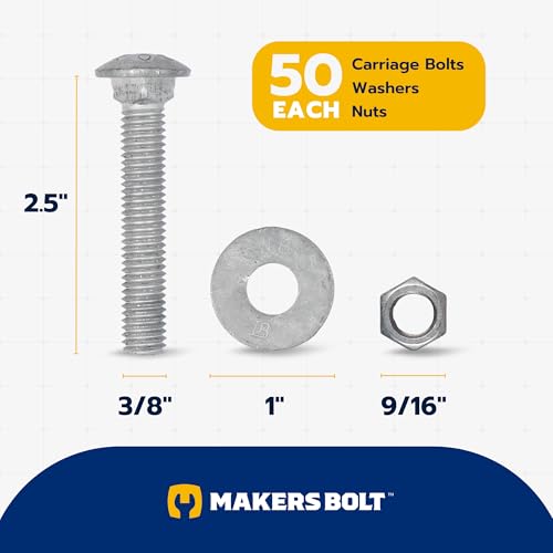 3/8" x 2-1/2" (50 Pack) Galvanized Carriage Bolt Kit, Grade 307A, Hot Dip Galvanized for Exterior Use by Makers Bolt - size: 3/8 x 2-1/2
