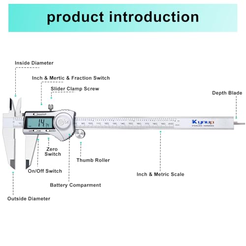 Kynup 8 Inch Digital Caliper Measuring Tool, Stainless Steel Micrometer - color: Silver, size: 200mm