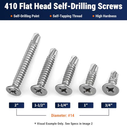 #10 x 2-1/2" Phillips Flat Head Sheet Metal Screws, Stainless Steel 410 Self Drilling Screws for Metal, Countersunk Head, Phillips Drive, Self Tapping, 50 Pack - size: #10 x 2-1/2"