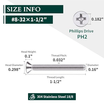 #8-32 x 1-1/2" Flat Countersunk Head Machine Screws, Phillips Drive, 304 Stainless Steel 18-8, Full Thread, Coarse Thread UNC, 50 PCS - size: #8-32 x 1-1/2"