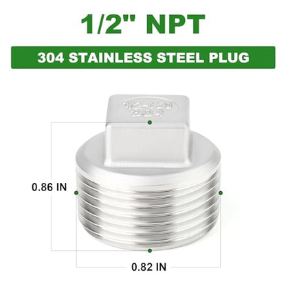 TAISHER 5Pcs 304 SS Square Thread Socket Pipe Plug Fitting 1/2" NPT Male - size: 1/2" MNPT(Plug)