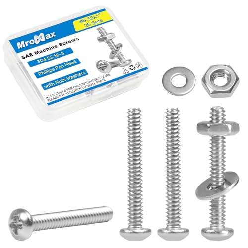 25 Sets #6-32 x 1 Pan Head Machine Screws Nuts Washers Assortment Kit - size: #6-32 x 1"