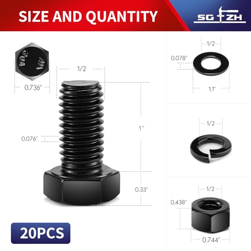 1/2-13 x 1 Hex Head Screw Bolt, Nuts, Flat & Lock Washers, 20Pcs 18-8 (304) Stainless Steel, Fully Threaded, Black Oxide by SG TZH - size: 1/2-13 x 1"