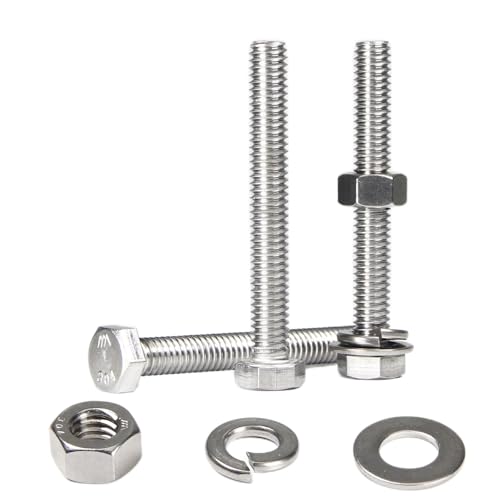 MroMax 10 Sets 5/16-18 x 2-1/2" Hex Head Screw Bolt, Nuts, Flat Washer & Spring Lock Washers Kits,Fully Threaded, Stainless Steel 18-8（304）, Bright Finish - size: 5/16-18 x 2-1/2" (10 Sets)
