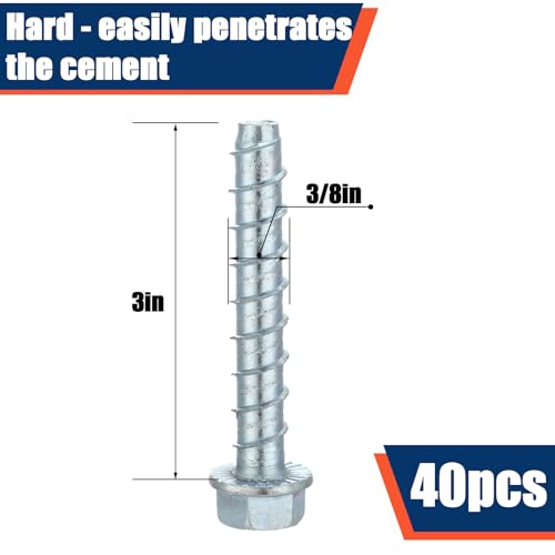 Tandefio 40 Pack 3/8" x 3" Concrete Screw Anchor Galvanized Large Diameter Heavy Duty Plated Concrete Anchors for Masonry Brick Anchoring Block Decking Framing Hex Drive - size: 3/8" X 3"
