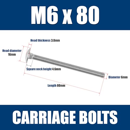 10PCS M6x80mm Carriage Bolts, Fully Threaded with Square Neck and Round Head, Metric Stainless Steel Screws Coach (Thread Diameter: M6 (6mm); Length: 80mm; Head Diameter: 16mm; Head Thickness: 3.8mm)