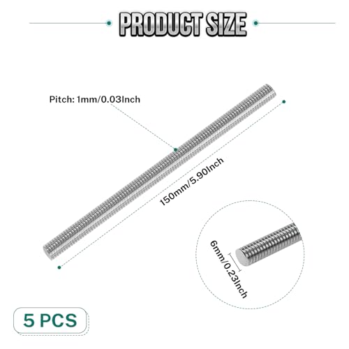 5Pcs Fully Threaded Rod & Studs, M6 x 150mm Long Threaded Screw, 1mm Thread Pitch, 304 Stainless Steel Right Hand Thread Bar Studs for Furniture Machinery Assembly - size: M6 x 150mm