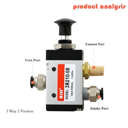 RIH 3 Way 2 Postion Air Valve Air Hand Lever Operated Valve Pneumatic Solenoid Valve Manual Control Push Pull Valves 3R210-08 (1/4"NPT) - style: 3 Way 2 Postion