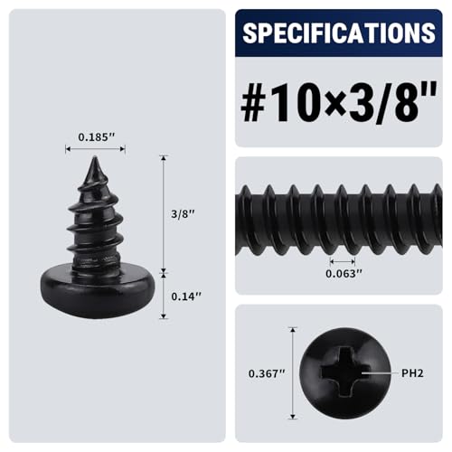 #10 x 3/8" (50 Pack) Stainless Steel Pan Head Self Tapping Screws, 304 SS (18-8) Black Coated, Phillips Drive Round Head Corrosion Resistant Screws for Wood & Sheet Metal - size: #10 x 3/8"