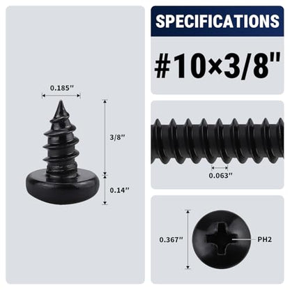 #10 x 3/8" (50 Pack) Stainless Steel Pan Head Self Tapping Screws, 304 SS (18-8) Black Coated, Phillips Drive Round Head Corrosion Resistant Screws for Wood & Sheet Metal - size: #10 x 3/8"