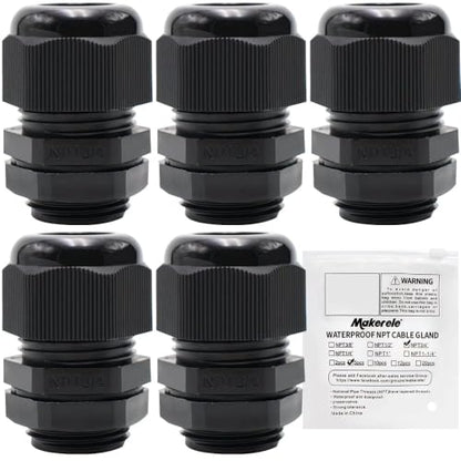 MAKERELE 3/4” 5pcs NPT Cable Glands Waterproof Adjustable 13-18mm - color: Black, size: 3/4" 5pcs BAG