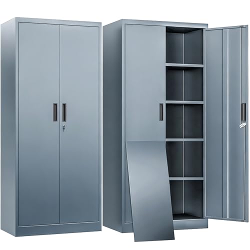 BESFUR Metal Storage Cabinet with 2 Doors and 4 Adjustable Shelves Garage Storage Cabinet with Lock 71" Office Storage Cabinets Locking Cabinets for Garage Office Shop Home (Gray) - color: Grey, size: 71"H x 31.5"W x 15.7"D