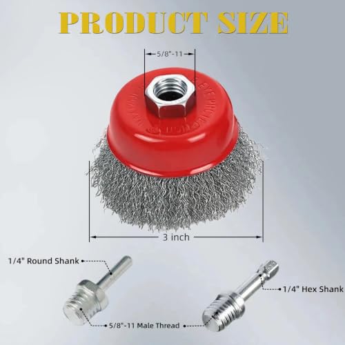 4 Pcs 3" Coarse Crimped Wire Wheel Cup Brush for 4-1/2" Angle Grinder 5/8"-11 UNC Arbor, 0.014”Carbon Steel Wire Brush for Rust, Corrosion, Paint Removal(with 2 Pcs 1/4" Shank Drill Adapter) - style: 3" Coarse Crimped Wire Wheel Cup Brush