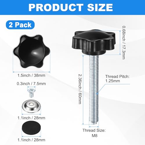 M METERXITY 2-Pack Star Handle Hand Screws, M8x60mm Carbon Steel Thread Star Clamping Knobs with Screws, Pressure Plate and Rubber Pad for Woodworking/Mechanical Equipment [Black] - size: M8 x 60mm