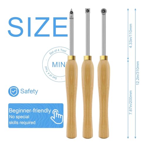 3 Piece Set Carbide Tip Wood Lathe Turning Tool Kit, Lathe Roughing and Finishing Hollow Tool Interchangeable wood Handle with Diamond Round Square Carbide Inserts
