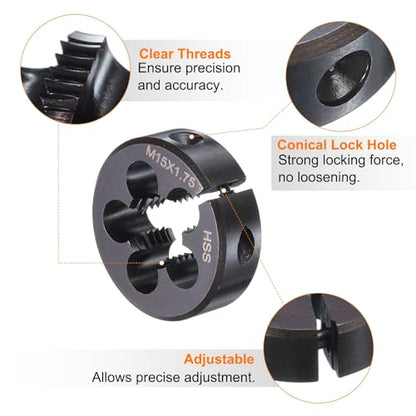 HARFINGTON Round Threading Die M15 x 1.75 Metric Thread 38mm OD Adjustable Right Hand High-Speed Steel (HSS) Round Die Screw Thread Cutting Die for Thread Repair - size: M15 x 1.75