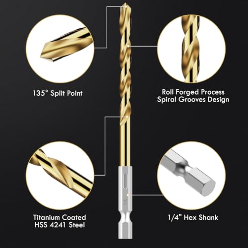 16Pcs 1/4" Hex Shank Titanium Twist Drill Bit Set - size: 1/4" - 16pcs HSS