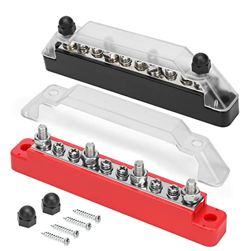 MOFEEZ Bus Bar Power Distribution Block with Cover, 4x1/4 Posts, 6X#8 Screws Terminals, 130A 300VAC/150A 48VDC for Marine, Automotive, and Solar Wiring - size: 4 x 1/4"
