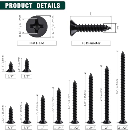 #8 x 1/2" Flat Head Phillips Sheet Metal Tek Screws, 304 Stainless Steel 18-8, Black Oxide Coated Finish, Corrosion Resistant Flat Head Wood Screws, 100 PCS - size: #8 x 1/2"