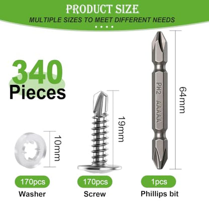 mxuteuk 340PCS #10×3/4" Self Drilling Screws, 410 Stainless Steel - size: SV #10×3/4"