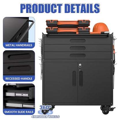 Metal Mobile Tool Storage Cabinet with 2 Locking Door and 3 Drawer - color: Black, style: 2 doors 3 drawer with wheels