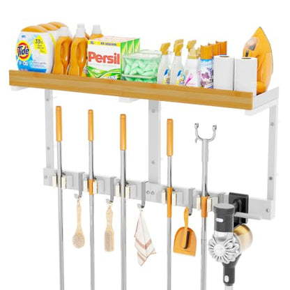 Broom and Mop Organizer Wall Hanging, Broom Hanger Holder Wall Mount - color: White