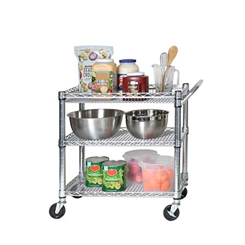 Seville Classics UltraDurable NSF Commercial Heavy Duty Metal Rolling Utility Cart, Handle Bar for Restaurant, Garage, Warehouse, Kitchen, Office, Deep Top Basket (34.8"W x 18.25"D) - color: Steel, size: 34.8" W x 18.25" D