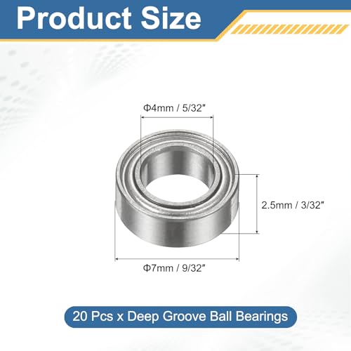 uxcell MR74 Deep Groove Ball Bearing, 4mm x 7mm x 2.5mm Double 20Pcs - size: 4mm x 7mm x 2.5mm