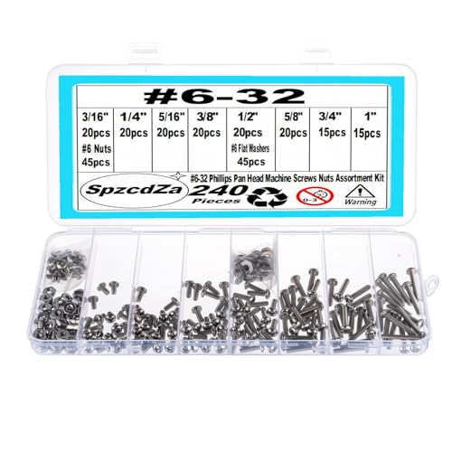 240 Pieces #6-32 Phillips Pan Head Machine Screws Nuts Washers Assortment Kit, Coarse Thread, Fully Machine Threaded, 304 Stainless Steel - size: #6-32