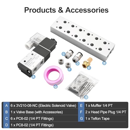 BAOMAIN 12V DC 3/2 Pneumatic Solenoid Valve 6 Station 3V210-08 Manifold Kit - size: 6-Station Valve Kit