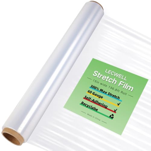 Stretch Film Roll,15IN Wide 196.8FT Long-60 Gauge Shrink Wrap Film,Self-Adhering Plastic Wrap Roll for Pallet Wrap, Furniture Wrapping Moving & Protection,300% Max Stretch,Clear - size: 15INx196.8FT