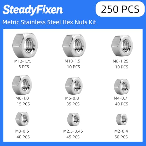 Metric Hex Nuts Assortment, Stainless Steel 304 Hardware Nuts Set (M2 to M12), Metric Nut Assortment in Reusable Box (250PCS) - size: 250PCS,M2,M2.5,M3,M4,M5,M6,M8,M10,M12